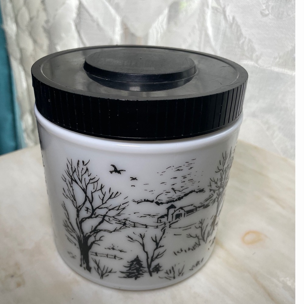 Vintage Milk Glass Canister Currier and Ives Winter Scene Black White Sleigh Lid - Picture 2 of 4